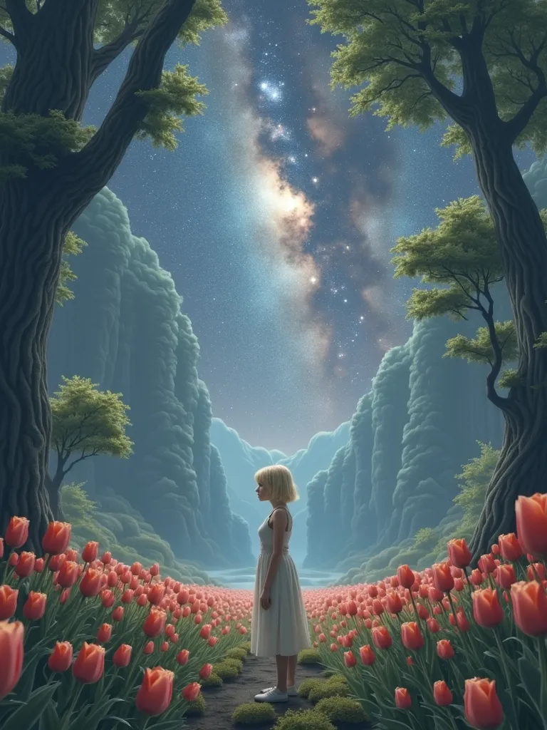 Short blond hair blond woman Sweet dream land fantasy forest with opening view on   galaxy milky way surrealistic peaceful dark colors natural stars tulips 