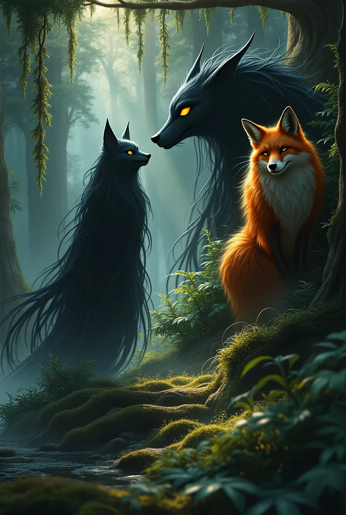 A magic fox and a black ghost in the forest 