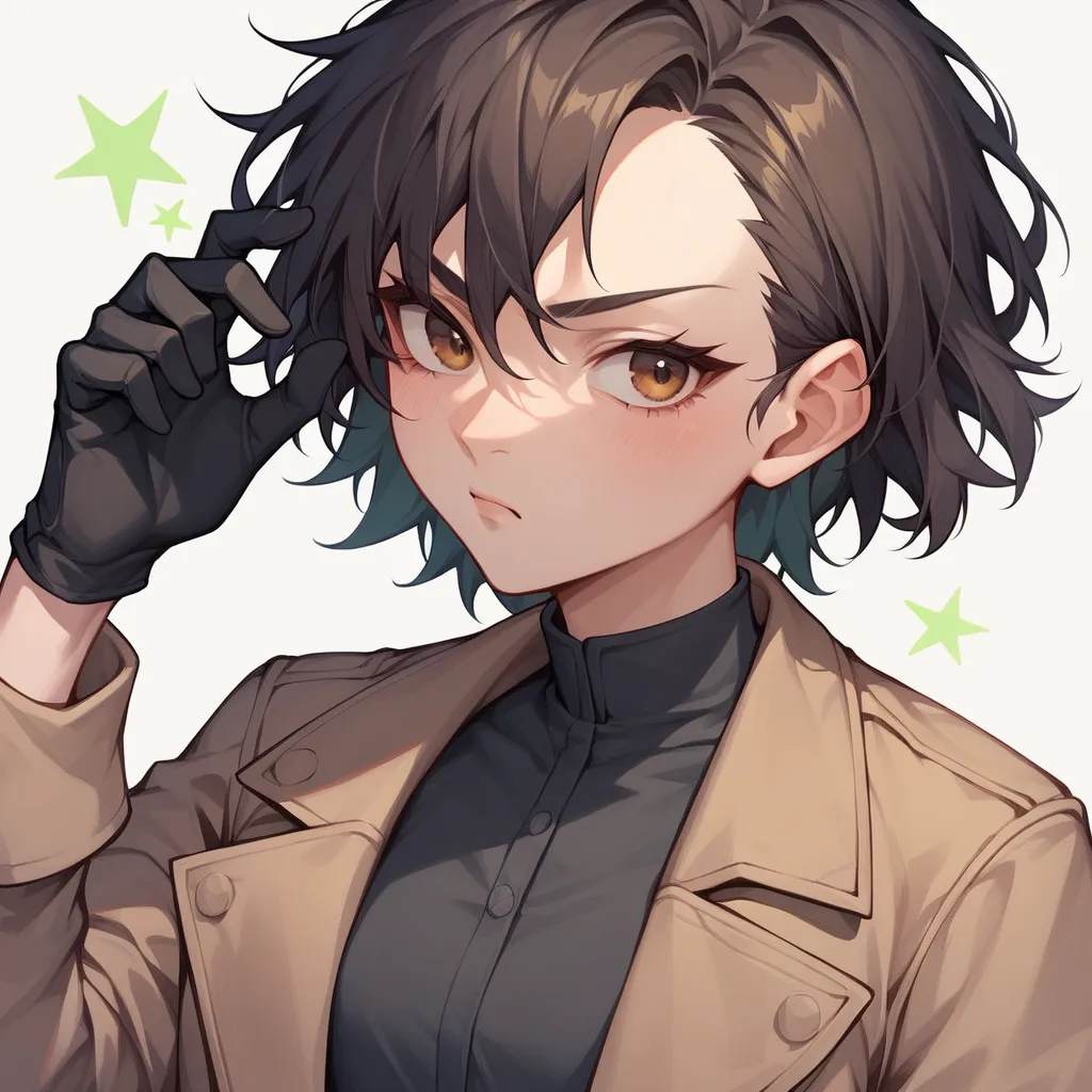 1Girl, ager, short black hair with green tint, brown eyes, brown trench coat, black clothes, disapproving expression, anime style, digital art. black gloves, white background