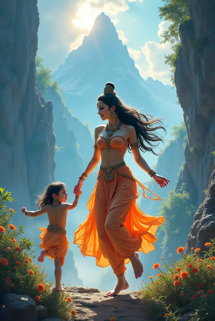 Ashoka sudhari is in her  hood running and playing with Godess parvarhi devi in kailasa
