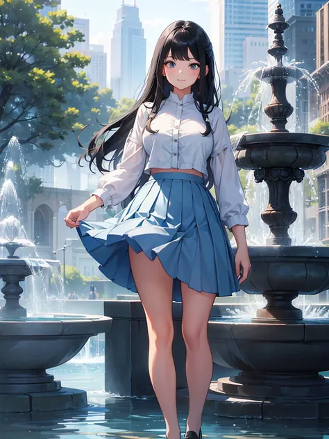  A beautiful girl is standing near a city fountain,unconfident ,Smirking face, looking at the viewer,white cropped smock,Light Blue Pleated Skirt,big breasts,( long black hair ),( long bangs),high image quality 