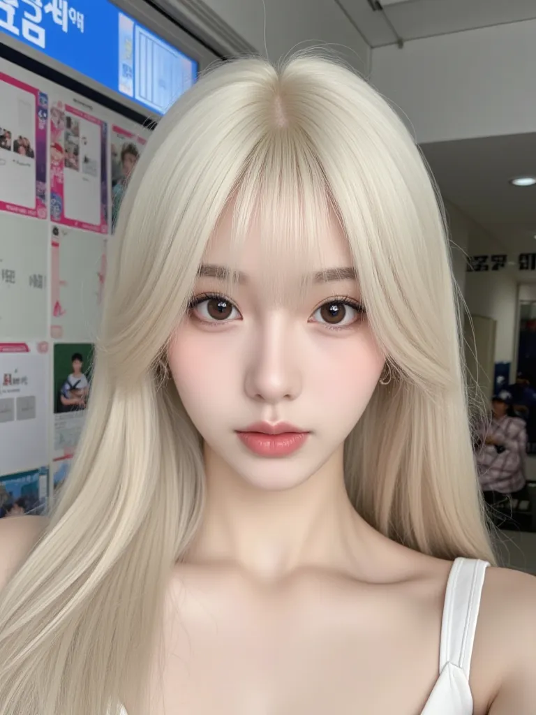 A kpop girl, Chinese,, long platinum blonde hair, curtain bangs (so no front bangs just sides) , dark brown eyes, plump lips, soft dewy look, juicy lips, big eyes, pretty, 19 years old, kind of looks like Kim Jennie, in practice room , in her company build...