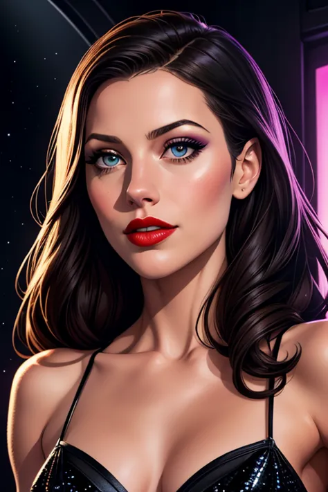 A waist-up portrait of a beautiful female whose facial features are a combo of Melissa Benoist + Katie Cassidy. The female's hair is untied and hangs loose. The female wears a sparkly black evening dress and black high-heeled shoes. The female has lovely m...