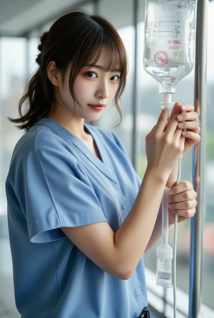 "A dedicated nurse in a modern hospital setting, carefully preparing an IV drip. She is wearing a clean, light blue uniform, and her dark hair is neatly tied back. Holding the IV bag up to check the fluid, her expression is focused and professional. The br...