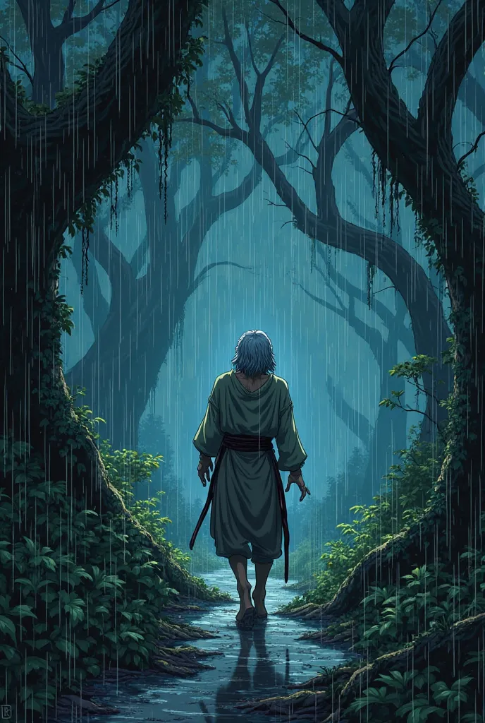 In the image it is a night of heavy rain, stands out a man with long silver hair and red eyes,  walking in a forest, Wearing a peasant outfit. anime style,  Shonen Jump-style illustration.