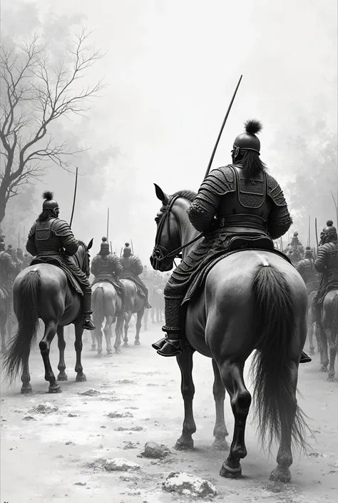 COLORLESS BLACK AND WHITE PAINTING. ANCIENT CHINESE WARRIORS WEARING DOUBLE MOBILE ARMOR, ON HORSEBACK, IN FRONT OF AN ANCIENT CHINESE MILITARY ARMY, NEGOTIATING WITH AN ENEMY AS A CHINESE WEARING NOBLE COSTUME.