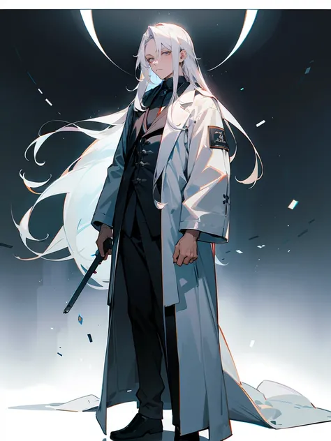 1male , Standing on path , Long white hair , Somber Expression , Tired Eyes , Labcoat , Masterpiece Quality , Detailed Background 