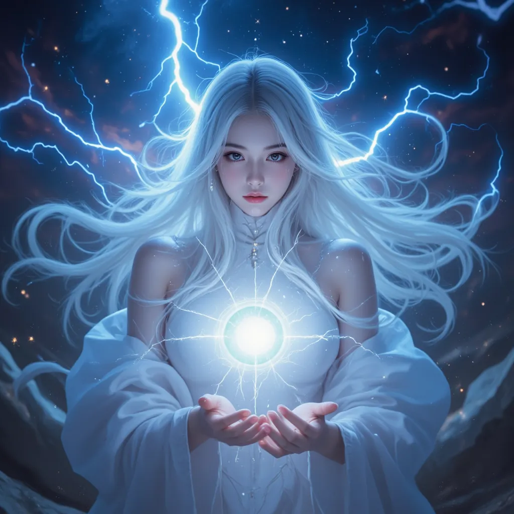 Lightning Spirit, Girl&#39;s AppearanceLightning Spirit, Girl&#39;s Appearance, White-haired beautiful girl,  cosmic background ,  sky full of stars, Lightning Light,  Mysterious Expressions , Spiritual Abilities, Sphere of Light in Hands, Dignified Appear...