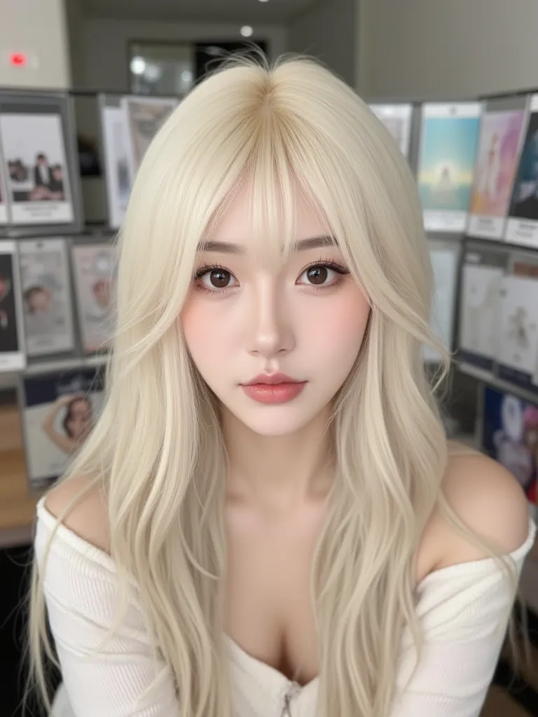 A kpop girl, Chinese,, long platinum blonde hair, curtain bangs (so no front bangs just sides) , dark brown eyes, plump lips, soft dewy look, juicy lips, big eyes, pretty, 19 years old, kind of looks like Kim Jennie, in practice room , in her company build...