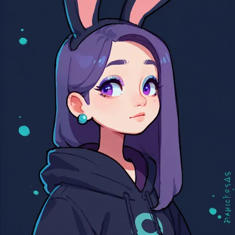 a portrait of a cute adult woman with long black sideswept hair, has purple eyes, wearing a hoodie with bunny ears on them, wearing makeup, pastels, mature, has a small nose stud, has ear piercings, long hair, (Hood up)(Hooded)