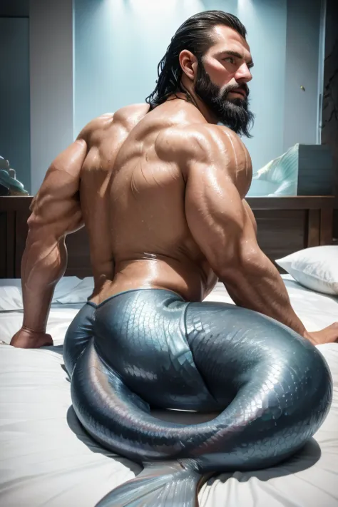 Dominant muscle man with gray mermaid tail moving on bed. Bottom. Merman is wet and oiled ,  cracked and greasy. It is very much oiled and wet. black long hair, black long beard.