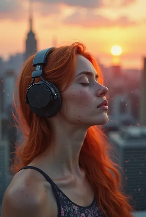 A beautiful redhead girl with freckles wearing marshal headphones meditates on the roof with a magical view of the sunrise and the city. Make the photo realistic