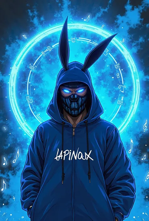 Un logo rond bleu néon, avec des notes de musiques autour,un Dieu de la chanson muni d’un masque ninjah avec une aura de fumée bleu en animation manga 4k, écris sur sa veste bleu « LAPINOUX »