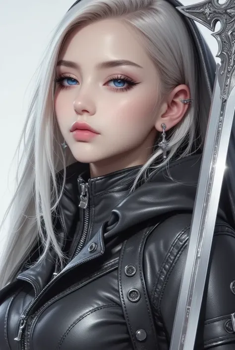   close-up of a person with a sword wearing a leather coat, Sephiroth, Sephiroth  from Final Fantasy , a photo of Sephiroth,  from Final Fantasy ,  leather armor , sexy long blonde hair woman wearing biker leather outfit,   Final Fantasy characters ,  Styl...