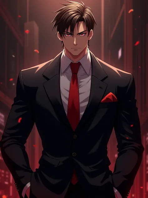 sexy mann,  muscular, mafia,  black hair, Black suit with red tie, Big and thick penis, anime, Gay, top
