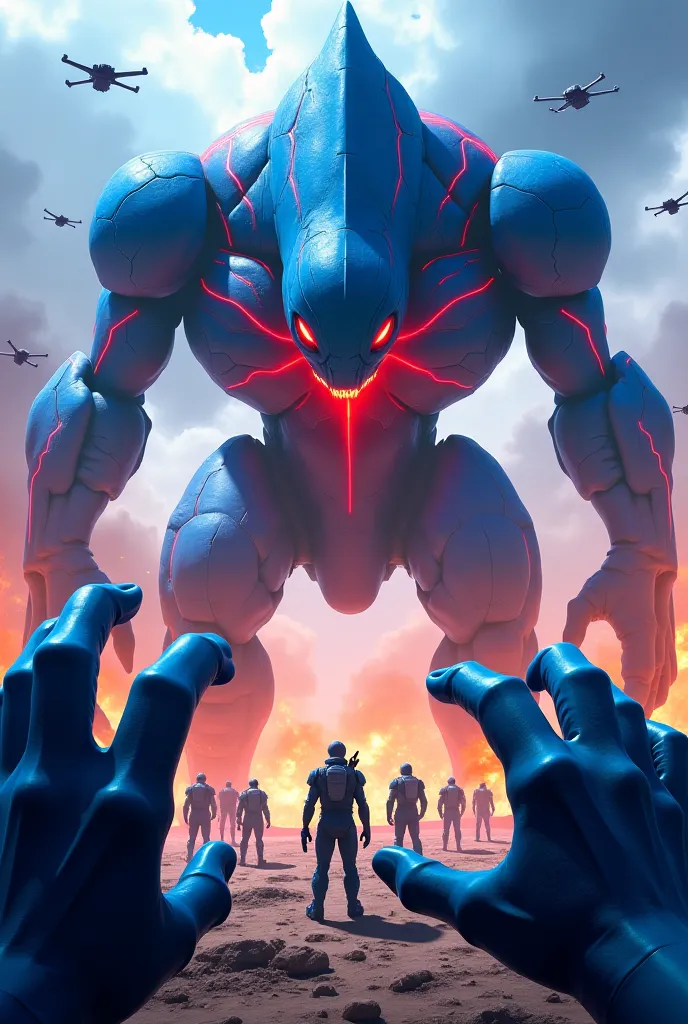 First-person anime scene: you can see in the foreground the blue claws of the protagonist, while watching a colossal blue-skinned creature with bright red veins on the battlefield. around, soldiers in futuristic armor surround the beast, amidst smoke and f...