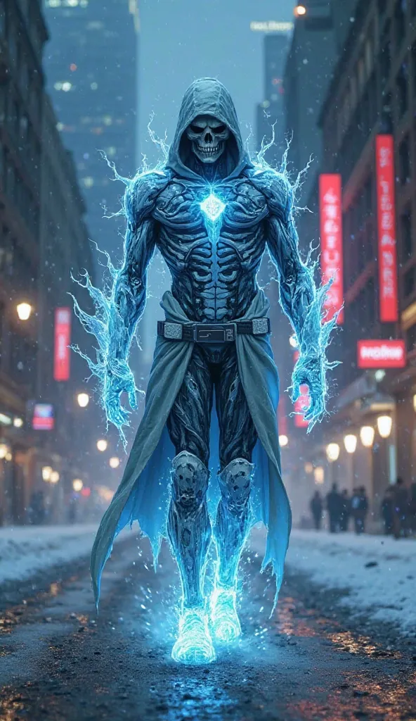 Make me a fusion of the ghost biker with the sub-zero, blending the appearance of the two with their entire bodies on a street at night in the city