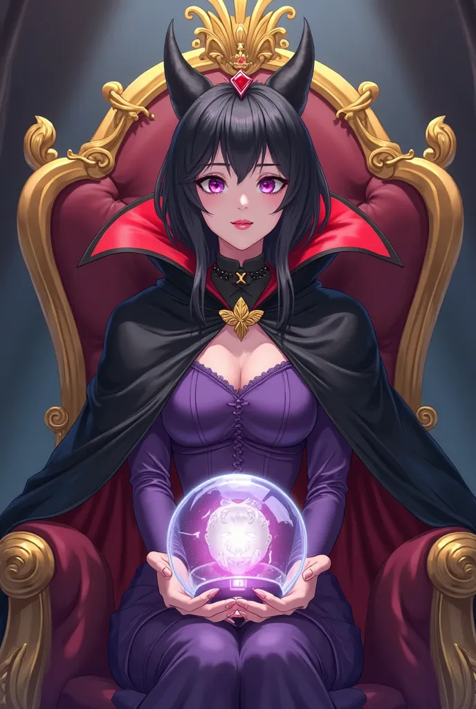 Beautiful Anime Girl with black hair and purple eyes. Dressed as an evil queen in Snow White. She is wearing a purple dress and a black and red vampire cape with a high collar and a crown. She is in her dark lair and sits on her golden throne with gold sna...