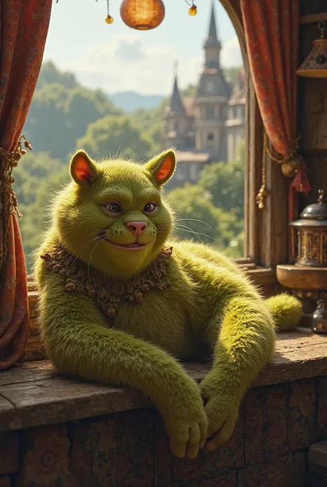 Imagine a scene for the movie Shrek 5, In which Shrek looks like a mewing