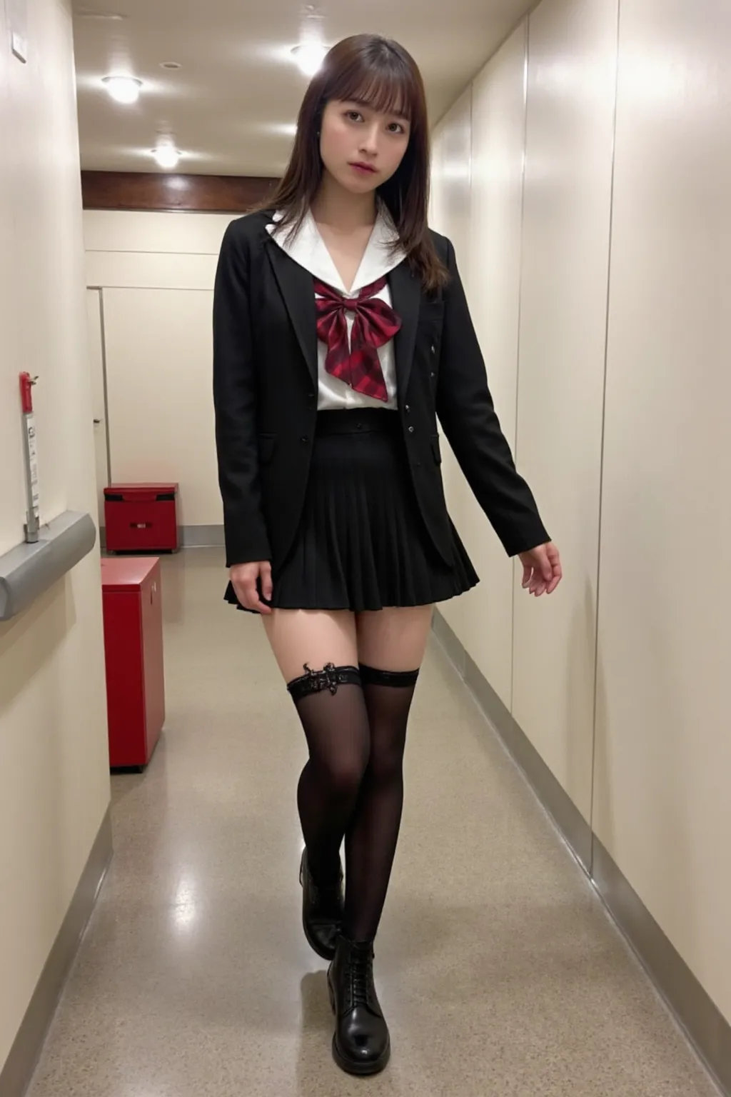 　 best image quality、score_9,  score_8_ up 、masterpiece、(from below:1.5)、1 Japanese girl、female high school students、blazer、 shirt、miniskirt、panties、(thick thighs:1.4)、(pee:1.5)、At the top of the stairs、station、