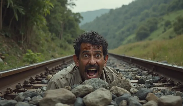 The train driver, looking at the stones placed on the track in shock, his mouth wide open, eyes wide open India Environment