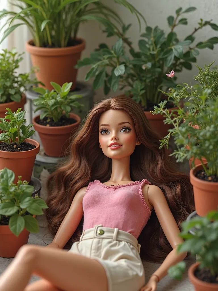 Barbie with brown hair lying on the floor surrounded by potted plants, many plants around  