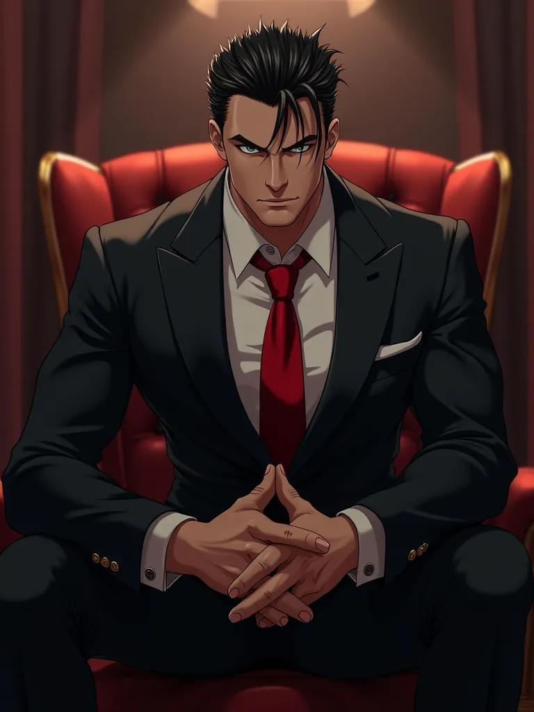 sexy mann,  muscular, mafia,  black hair, Black suit with red tie, Big and thick penis, anime, Gay, top, sitting 
