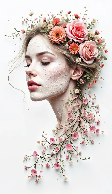 A 3D highly detailed and artistically refined minimalist portrait of a woman, designed using a single continuous line composed entirely of tiny, intricately crafted flowers. Each bloom—ranging from delicate roses to dainty wildflowers—is meticulously arran...