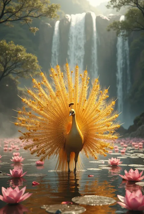 Golden peacock with open tail, waterfalls with a lot of lotus