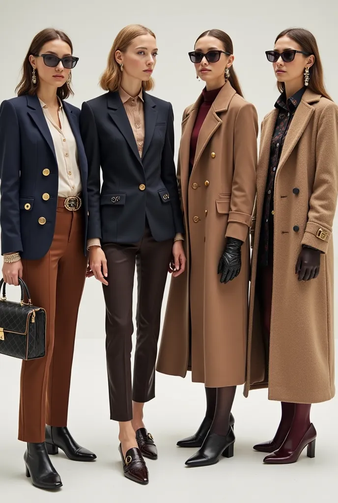 A woman with four different outfits, each numbered depending on the outfit.

1 Day to Day Sophisticated

Slim fit blazer in navy blue with gold buttons

Straight pants in chocolate brown

Silk shirt with special collar (subtle ruffles or vintage buttons)

...