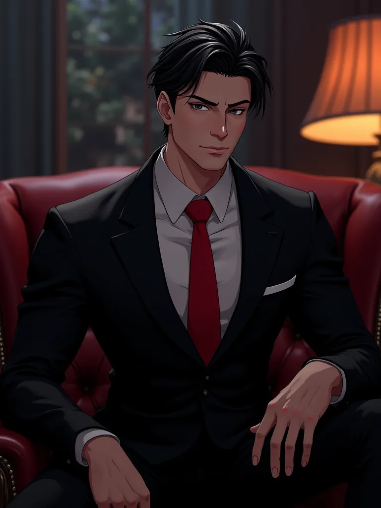 sexy mann,  muscular, mafia,  black hair, Black suit with red tie, Big and thick penis, anime, Gay, top, sitting,25 years old 
