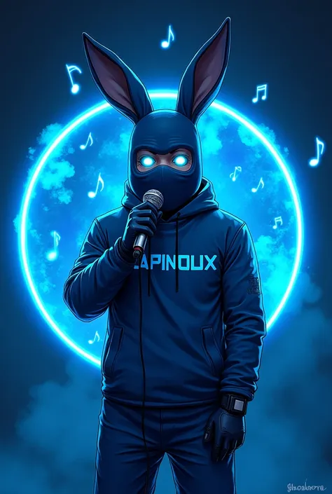 Un logo rond bleu néon, avec des notes de musiques autour,un Dieu de la chanson avec un microphone dans la main et muni d’un masque ninjah et des oreilles de lapin avec une aura de fumée bleu en animation manga 4k, écris sur sa veste bleu « LAPINOUX » suic...