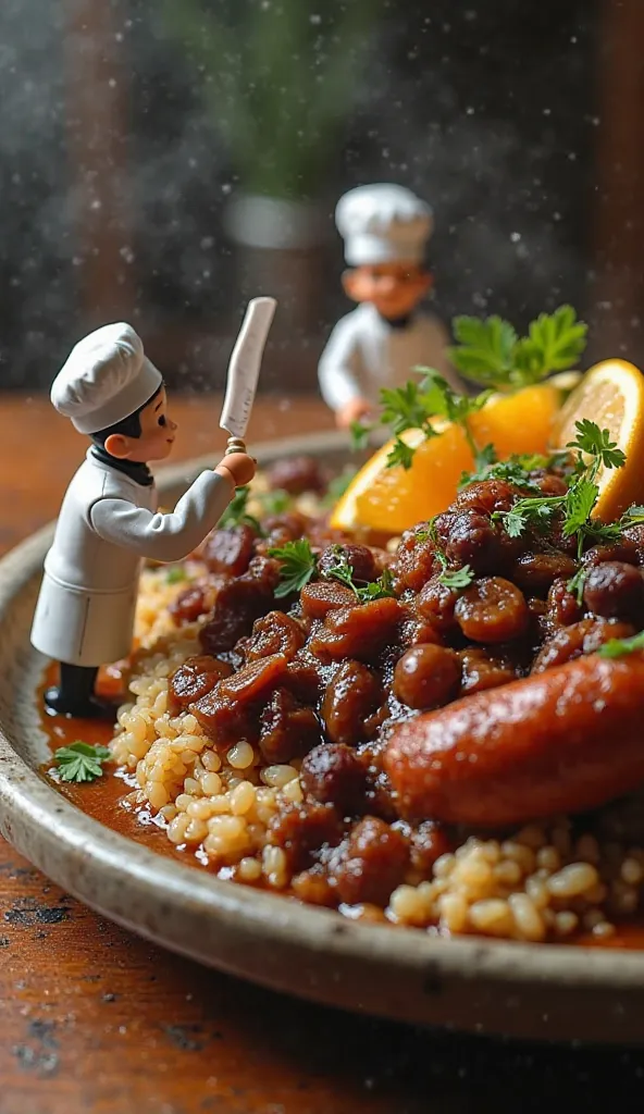 A hyper-realistic, 4K, cinematic image depicting tiny, micro-sized chefs plating a giant Brazilian feijoada. The chefs, dressed in classic white uniforms with tiny hats, are carefully arranging the dish, adding garnishes like finely chopped parsley, orange...