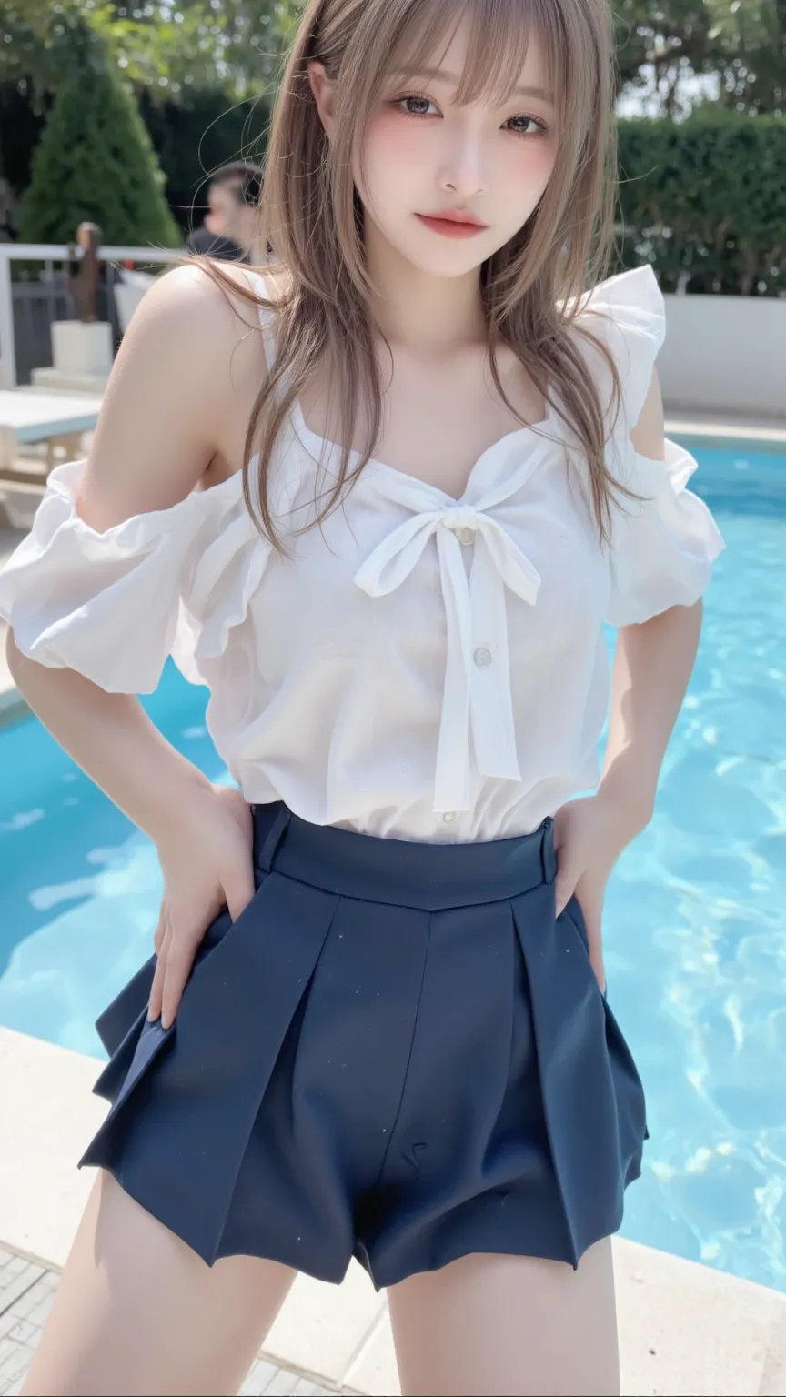 wet schoolgirl wearing white blouse and blue pleated skirt、standing by the pool on a hot summer day、Water droplets falling on skin、A breezy and slightly seductive vibe、Super Detail、I can see through my underwear