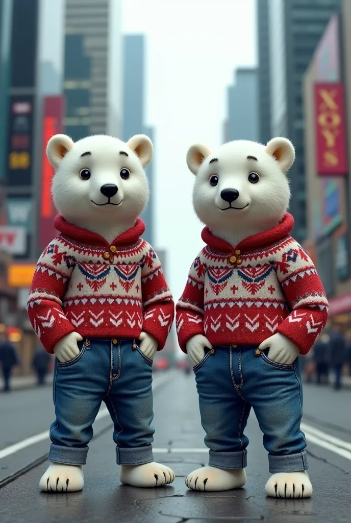 Polar bears wearing sweaters, jeans stand, pockets, sweaters are in a cool city