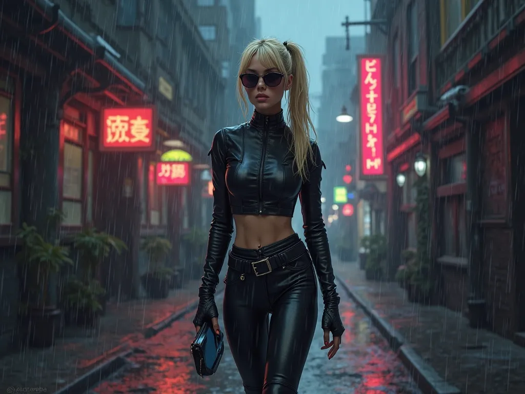 Please draw a picture in the style of the dystopian and gloomy role-playing game Shadowrun. It is a dark setting in neon light. In the center is a blonde, very slim, very beautiful mercenary with huge size, round silicone breasts. Her hair is tied in a pon...