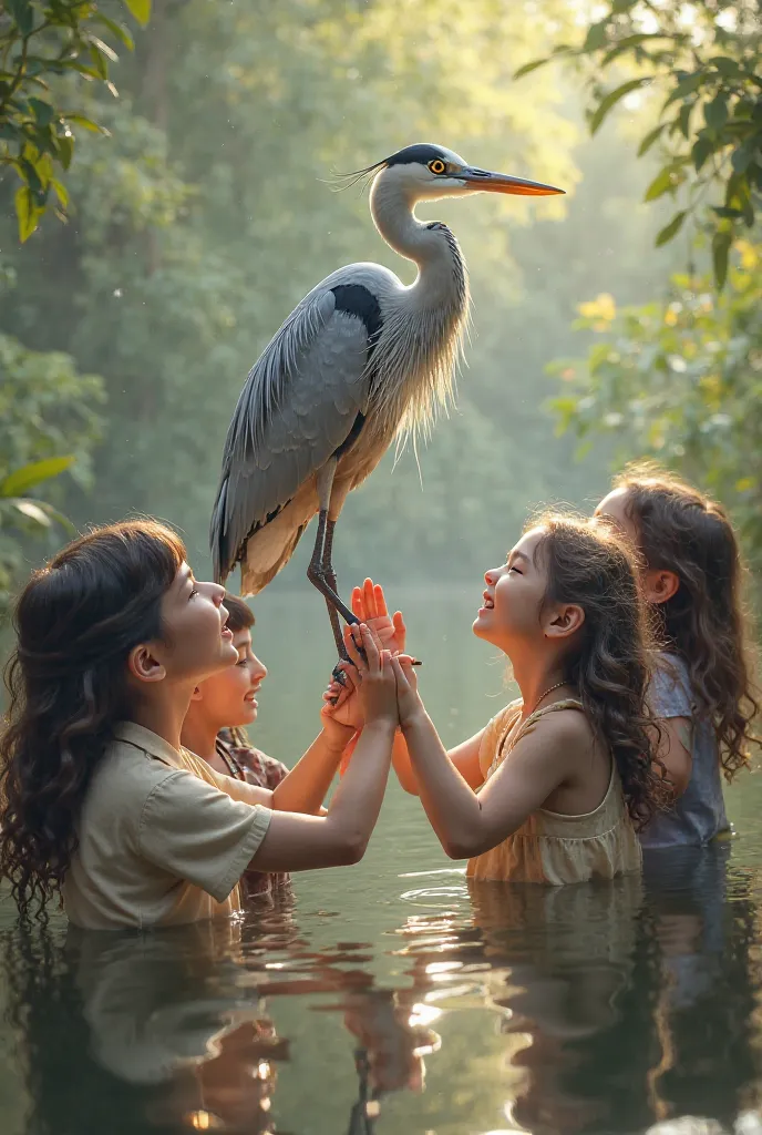 Young people raising a silver heron