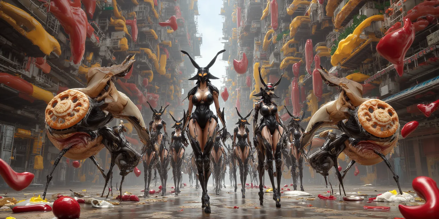 Ant women (sexy, sexy outfit, antennae, armored gloves) go about busy city life in a city they have built that resembles discarded food. All the buildings resemble food.