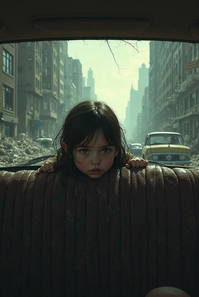 a girl in the backseat of a car driving through a post-apocalyptic world infested by zombies