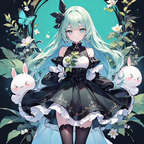 beauty、Mint Green Background、 black clothes 、 pretty face、baby face、((( detailed eyes 、 droopy eyes )))、  long sleeve with flared cuffs  、 Shoulder-Out、 one-piece flared skirt 、 holding a stuffed rabbit in one hand、black and light blue socks 、Gothic Shoes、...