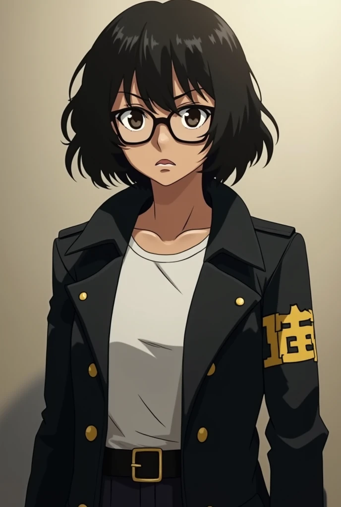 Screenshot of tokyo revengers. 
A slightly brown tea girl, short black hair with curlers,  very dark brown eyes ,dark and oblate glasses. expression normally angry, is dressed in the uniform of the Tokyo Revengers baldalos, A long-sleeved black trench coat...