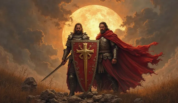 Create an image for me that represents the surname Soriano ( warrior ) and Eusebio ( pious ) ….A shield of God of these two surnames working in union and completeness and harmony.