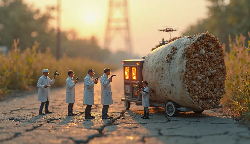 ((Realistic human miniatures)) in white lab coats and safety goggles examine a colossal cigarette butt lying on a cracked asphalt roadside. The butt is the size of a skyscraper, with ash particles towering like mountains. Scientists use magnifying glasses,...