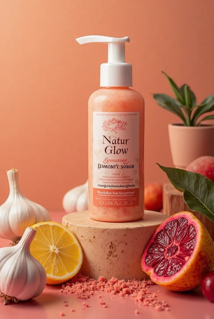 Create a garlic-based scrub, lemon juice and grenadine ( Colored) with a logo that says NaturGlow