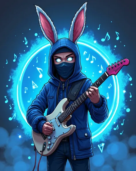 Un logo rond bleu néon, avec des notes de musiques autour,un Dieu de la chanson avec une guitare blanche dorée et muni d’un masque ninjah et des oreilles de lapin avec une aura de fumée bleu en animation manga 4k, écris sur sa veste bleu « LAPINOUX » 