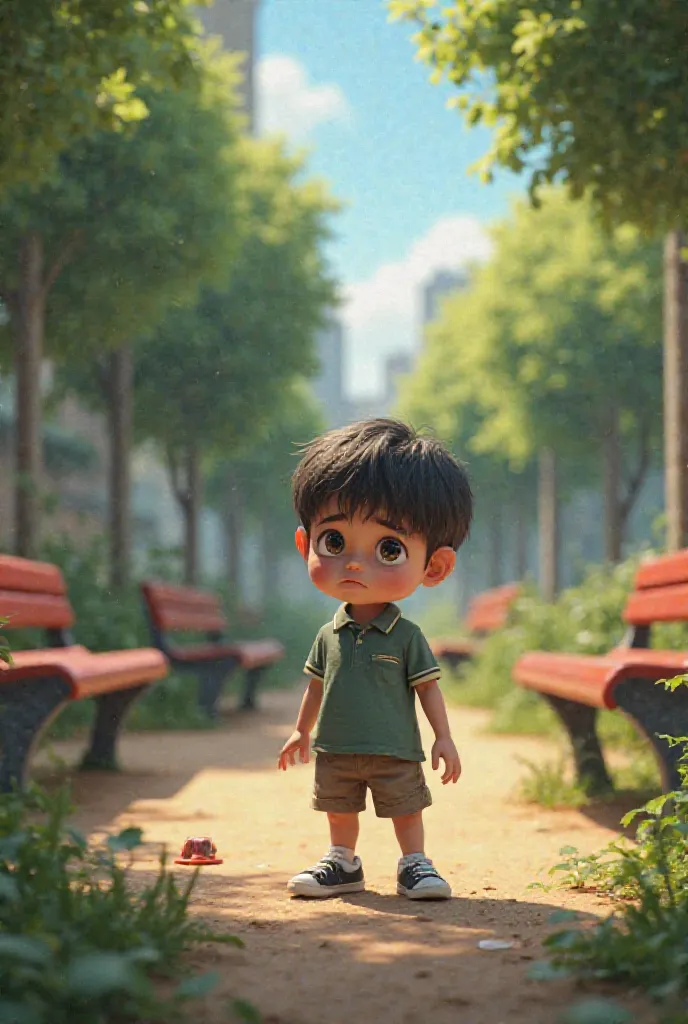 
Image 5: Ali, looking worried and confused, is searching for the doll on the school playground.  He is looking under benches and behind trees.