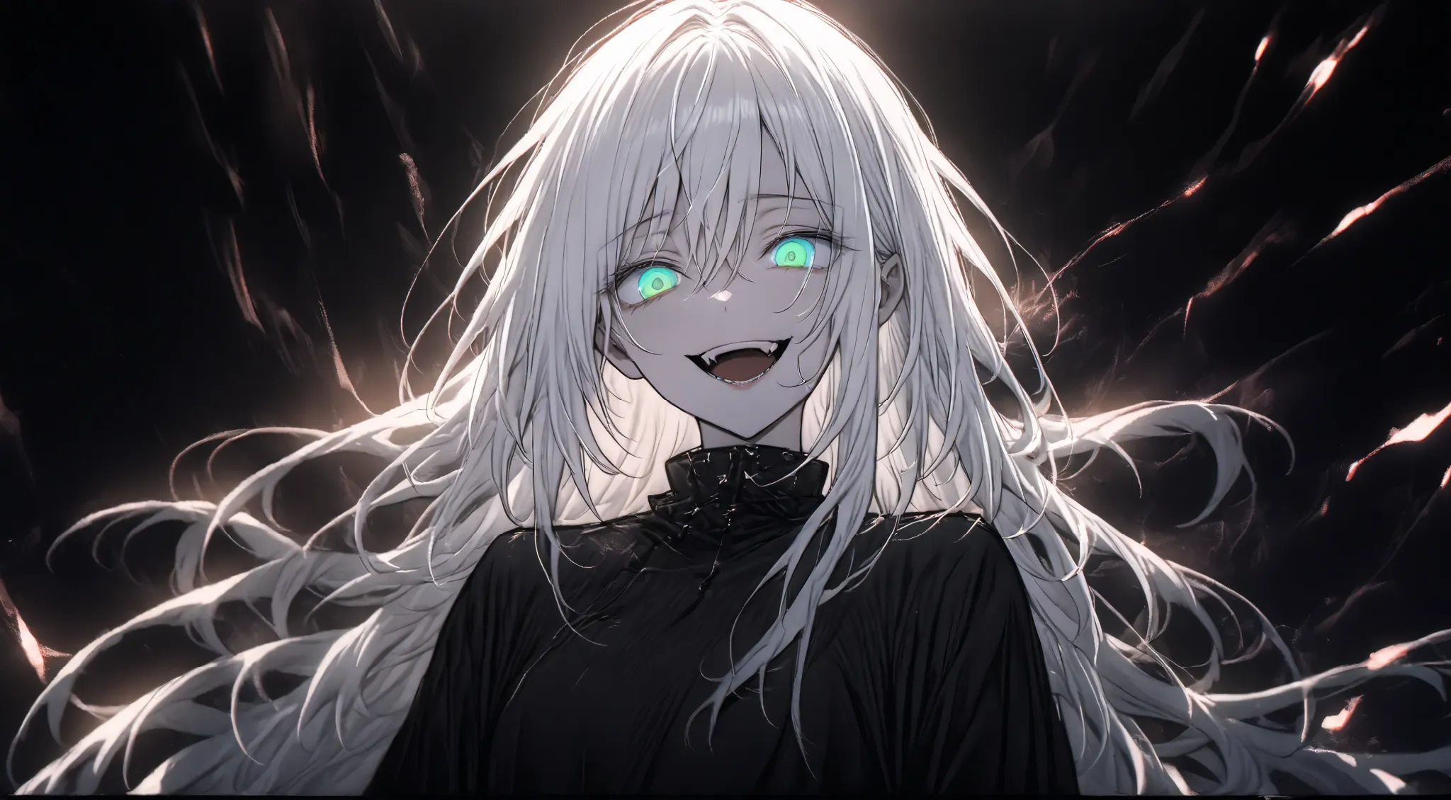 Beautiful boy with white hair 、Bad Smile、((((Underexposed lighting)))))、Subtle yet dramatic lighting effects、dark vibe、 beautiful and delicate eyes、best quality、Best product、Black background。devilish smile、long hair、From a few meters away。solo。 illustratio...