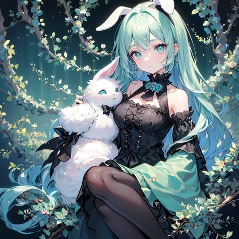 beauty、Mint Green Background、 black clothes 、 pretty face、baby face、((( detailed eyes 、 droopy eyes )))、  long sleeve with flared cuffs  、 Shoulder-Out、 one-piece flared skirt 、 holding a stuffed rabbit in one hand、black and light blue socks 、Gothic Shoes、...