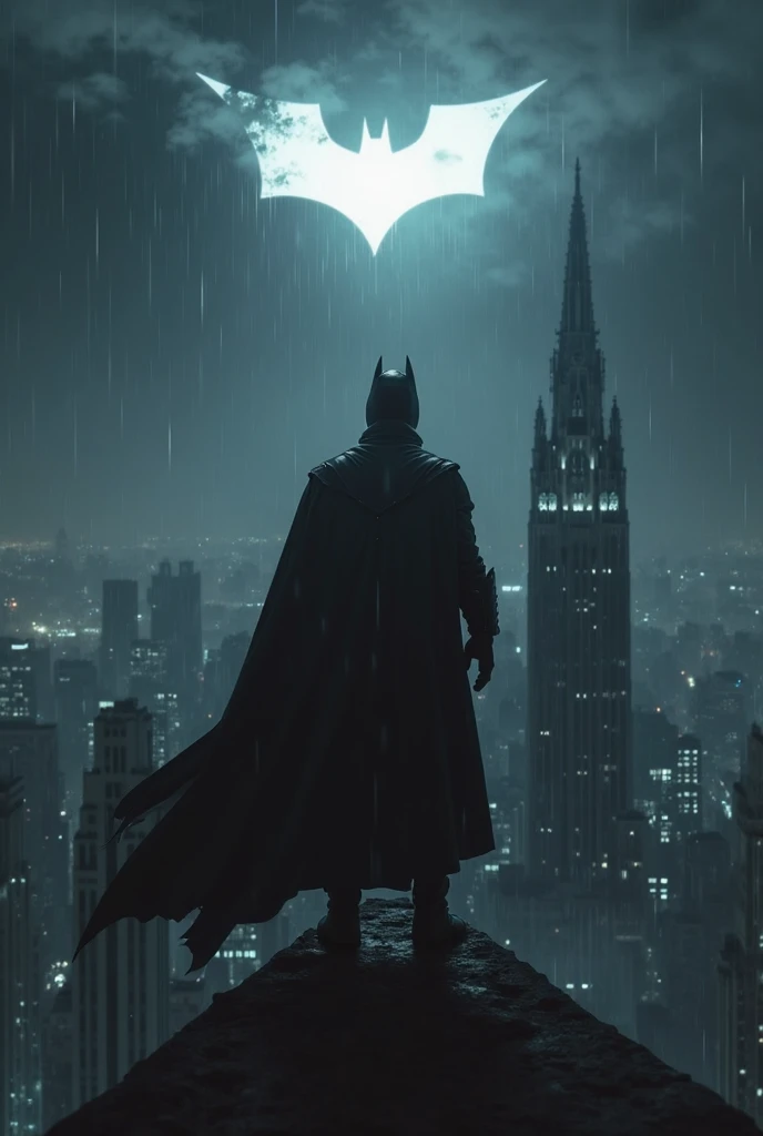 A cinematic ultra-realistic night scene in a dark and rainy city. In the sky, the Bat-Signal shines brightly, projecting the iconic bat symbol onto the clouds. A hooded hero, with a flowing cape, stands on the edge of a tall gothic building, watching over ...