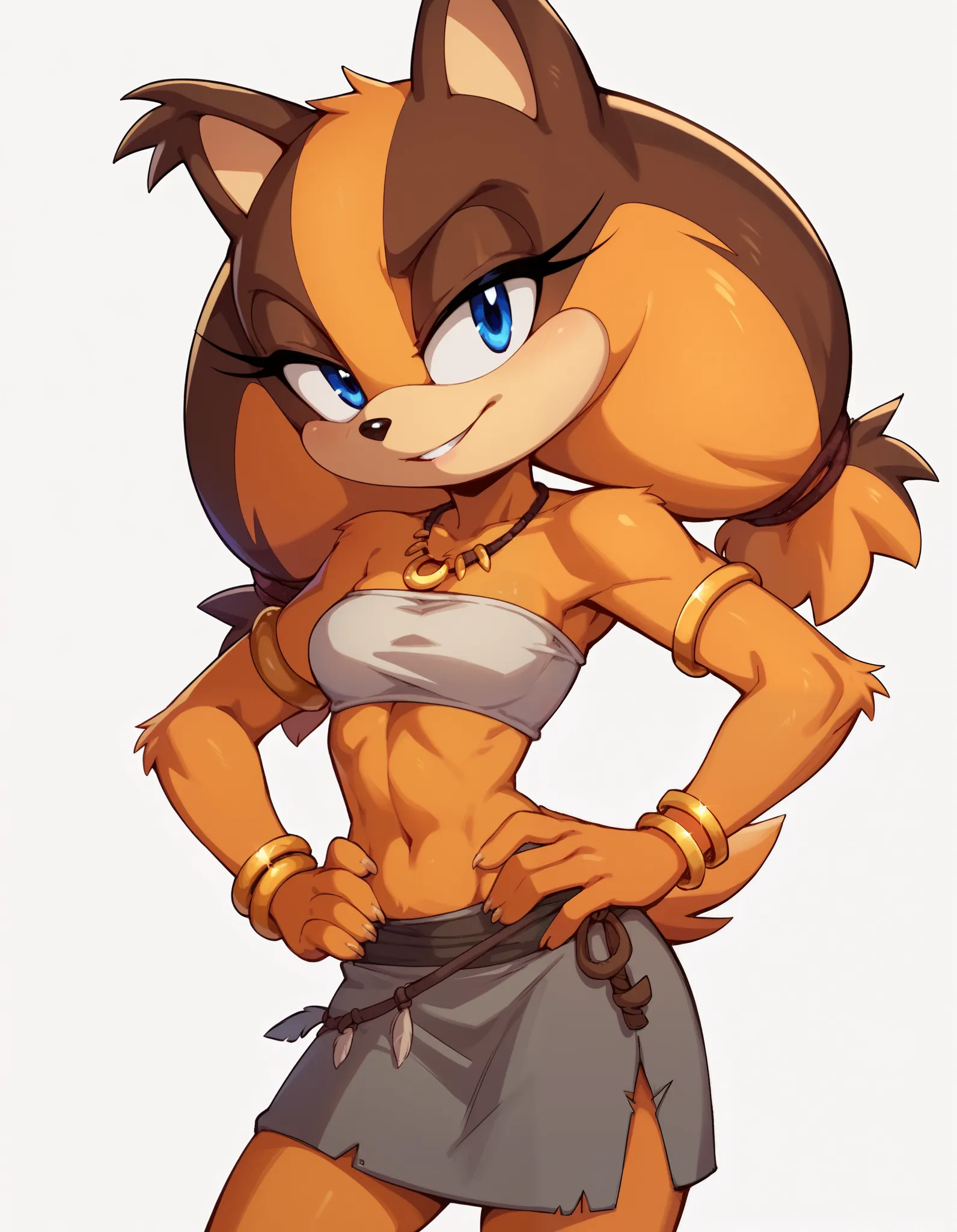 score_9, score_8_up, score_7_up, sticksbadger, stick the badger, 2d, solo, 1girl, furry, animal ears, furry female, slim, blue eyes,, necklace, grey bandeau, grey skirt, gold armlet, bracelet, boots,, crop top, animal nose, hair ties, midriff, skirt, brace...